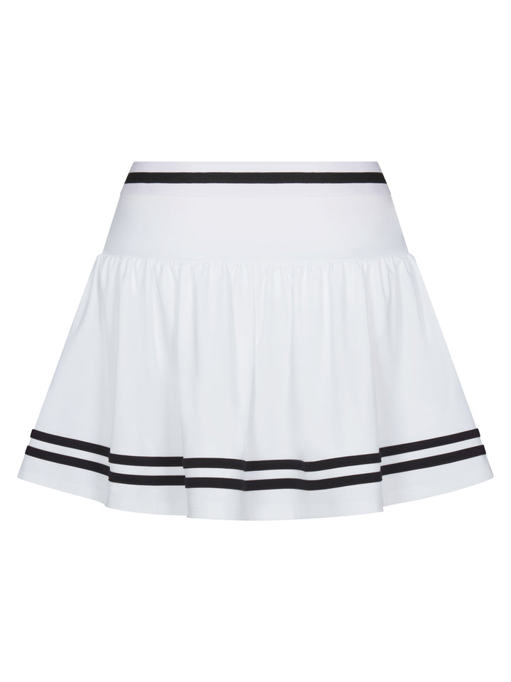 PB5star women’s Heritage skirt in white with black trim, rear view, pleated athletic skirt