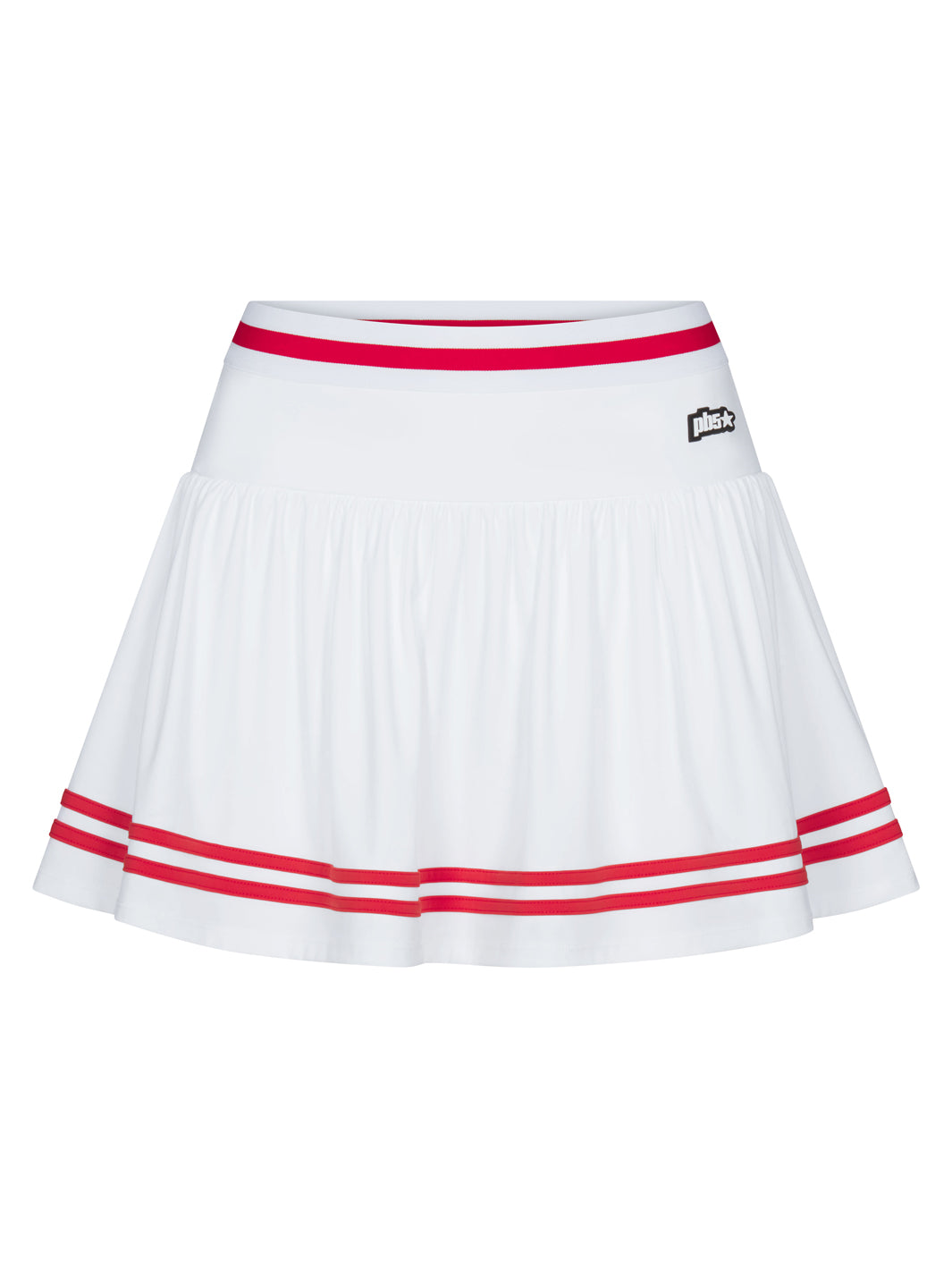 PB5star women’s Heritage skirt in white with cherry red trim, front view, pleated athletic skirt