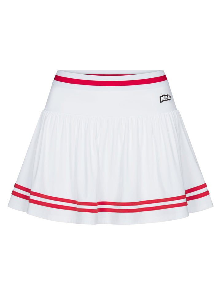 PB5star women’s Heritage skirt in white with cherry red trim, front view, pleated athletic skirt