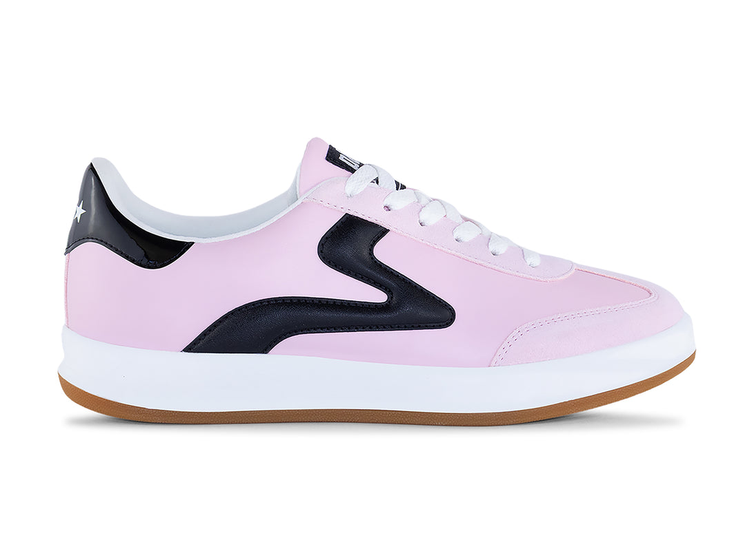 PB5 Women's Powder Pink-Black Cosmic sneaker shown from the side with gum rubber sole.
