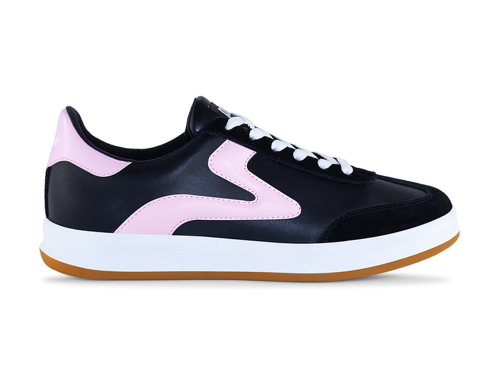 PB5 Women's Black-Powder Pink Cosmic sneaker shown from the side with gum rubber sole.