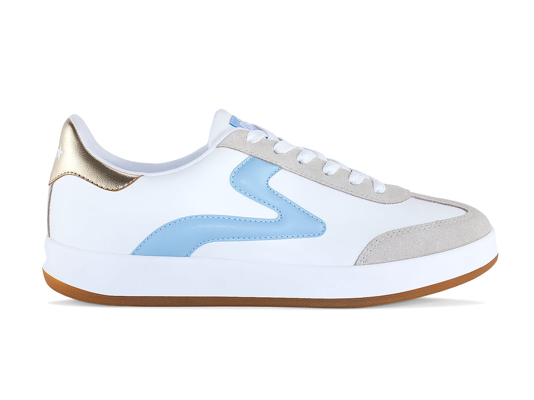 PB5 Women's White-Light Blue Cosmic sneaker shown from the side with gum rubber sole.