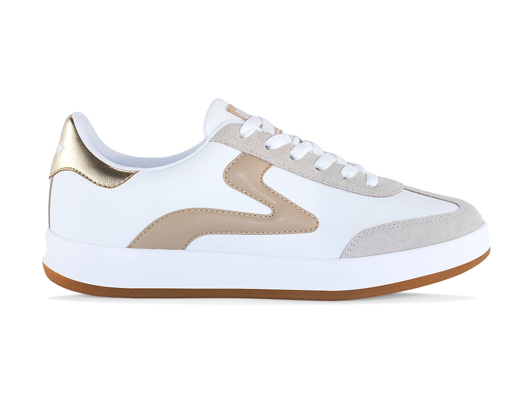 PB5 Women's White-Natural Cosmic sneaker shown from the side with gum rubber sole.