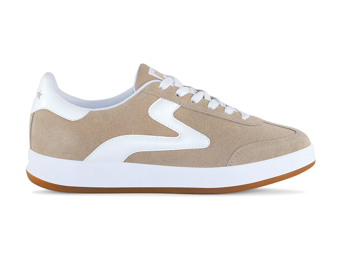 PB5 Woman's Sand-White Cosmic sneaker shown from the side with gum rubber sole.