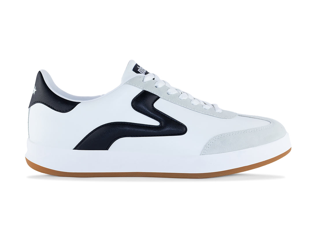 PB5 Men's White-Black Cosmic sneaker shown from the side with gum rubber sole.