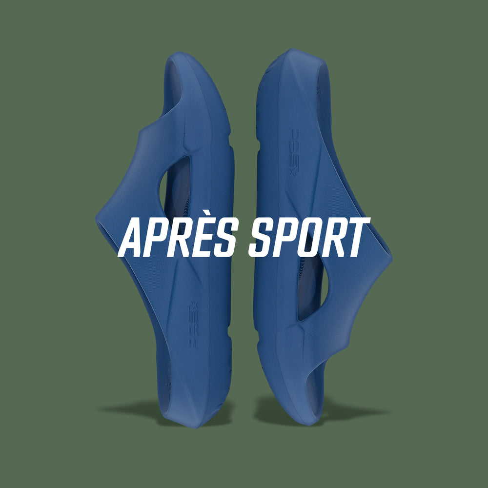 Blue recovery slides displayed upright on green backdrop, labeled ‘APRÈS SPORT’.