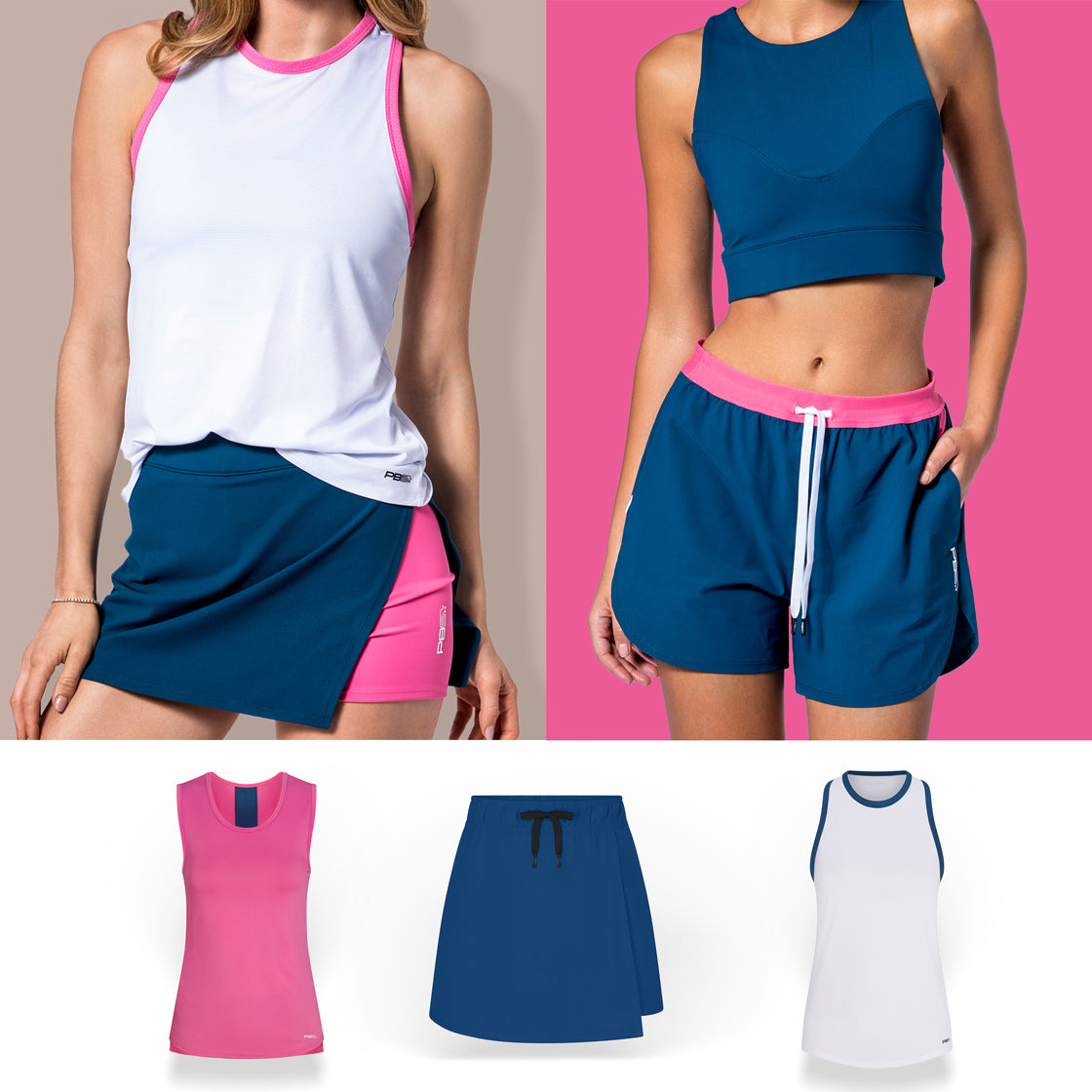 Collage of women's PB5star performance apparel in the colors white, astral blue and pink.