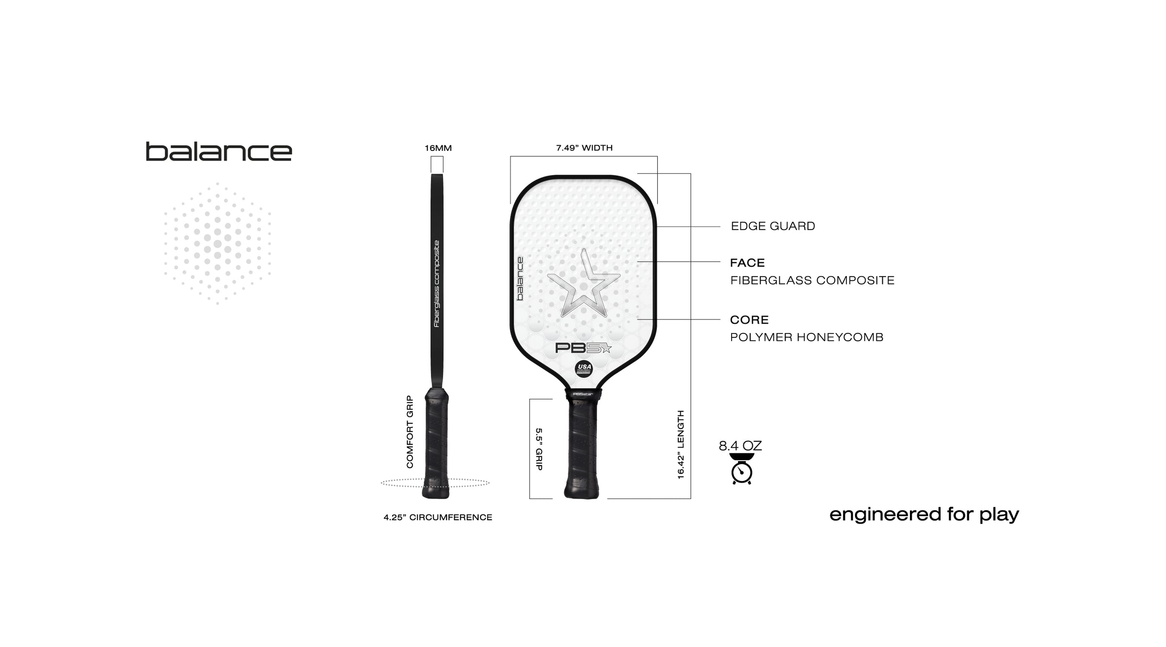 Balance Paddle: comfort grip, edge guard, fiberglass composite face, polymer honeycomb core, weight 8.4 oz. Engineered for play.