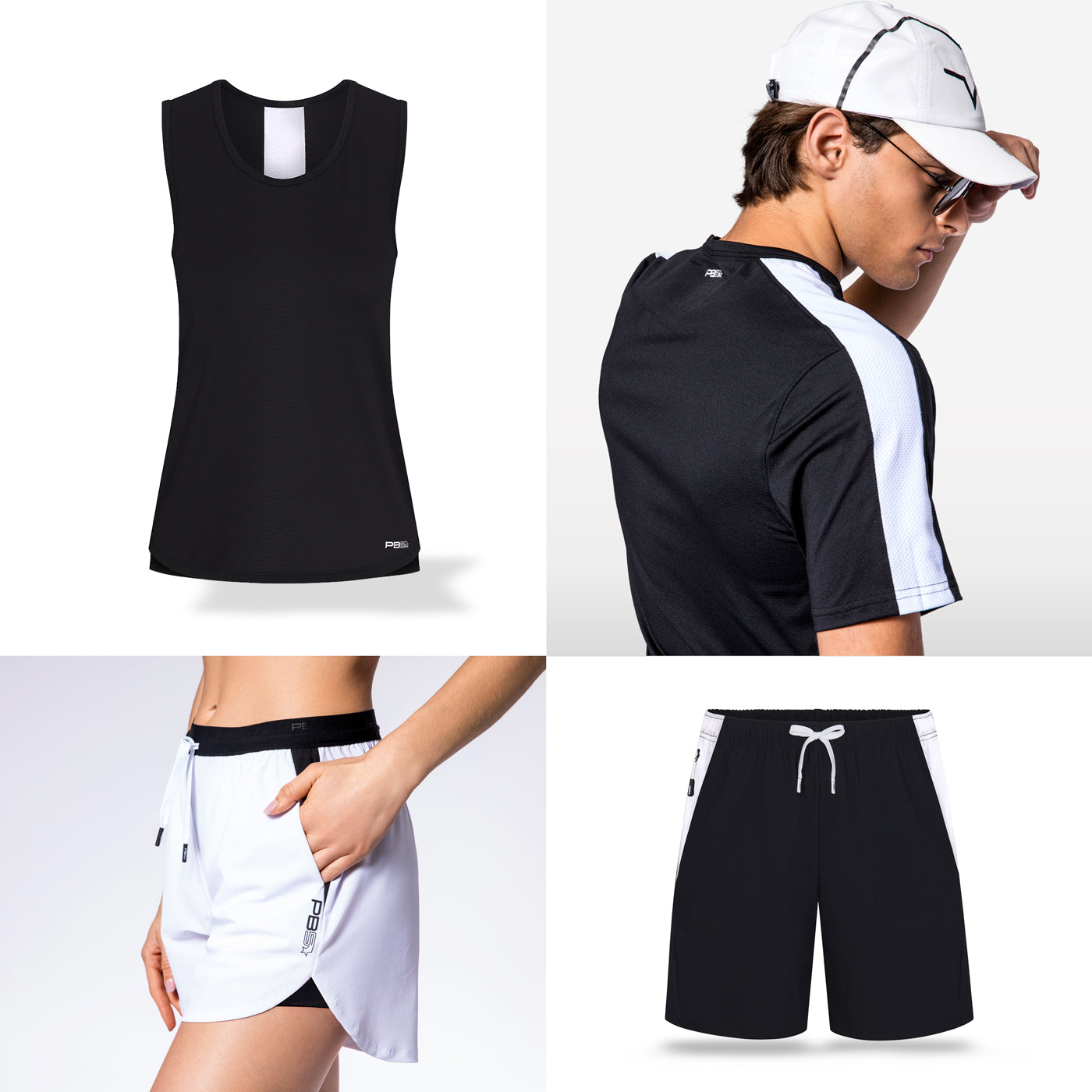 Collage of PB5star athletic wear featuring a black Vented Tank, women's white Signature Court Shorts, male athlete in a white Stellar Pap and black Core Vented Tee, and men's black Vented Court Shorts.