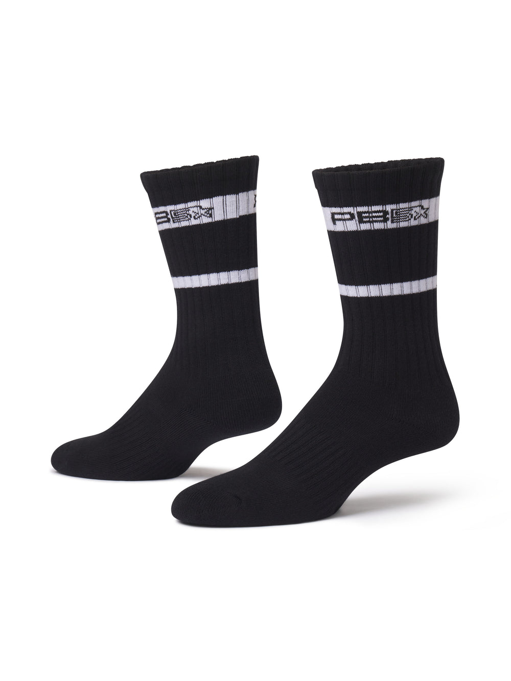 PB5 Classic Crew Socks in Black with ribbed texture and bold white stripes, designed for comfort, durability, and all-day wear.