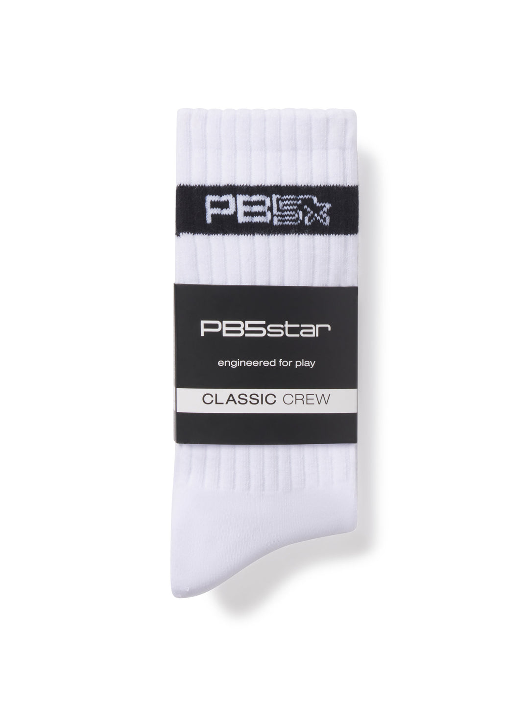 PB5star Classic Crew Socks in White with black branding, designed for comfort and engineered for play. Packaged for retail display.