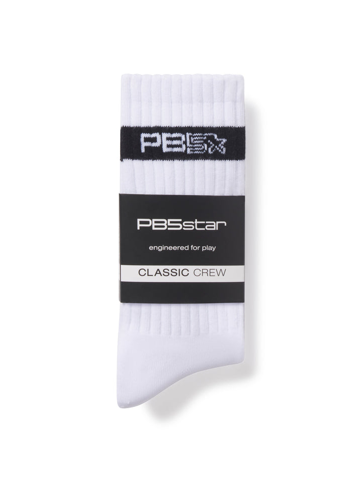 PB5star Classic Crew Socks in White with black branding, designed for comfort and engineered for play. Packaged for retail display.