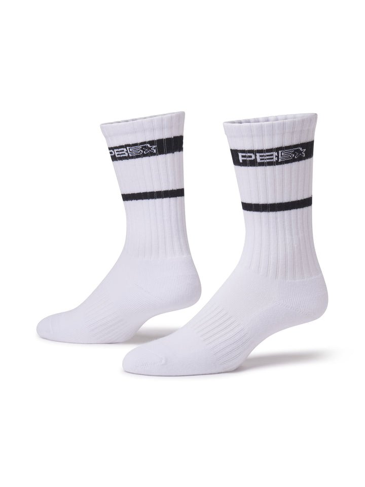 PB5 Classic Crew Socks in White featuring a ribbed design with black branding detail, engineered for comfort and performance.