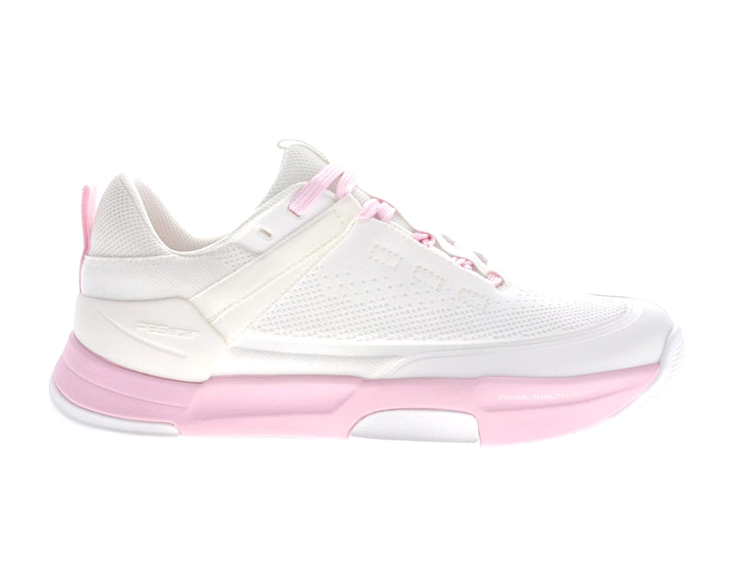 PB5star Court2 white and powder pink sneaker side view showing breathable mesh upper and dynamic stability sole.