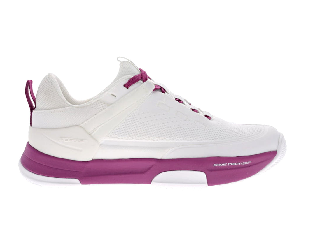 PB5star Court2 white and berry sneaker side view showing breathable mesh upper and dynamic stability sole.