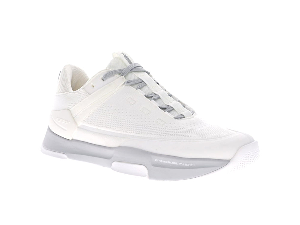 Men's PB5star Court2 white and grey sneaker angled view showing mesh upper, cushioned sole, and dynamic lacing design.