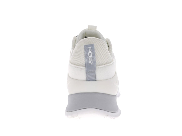 Rear view of Men's PB5star Court2 sneaker in white and grey with branded heel tab and cushioned midsole
