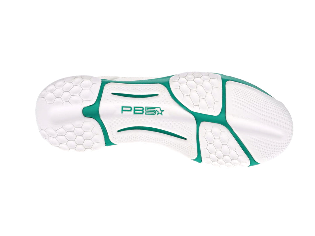 Men's PB5 Court2 white and jade sneaker outsole with non-slip rubber grip, athletic shoe sole design for court performance