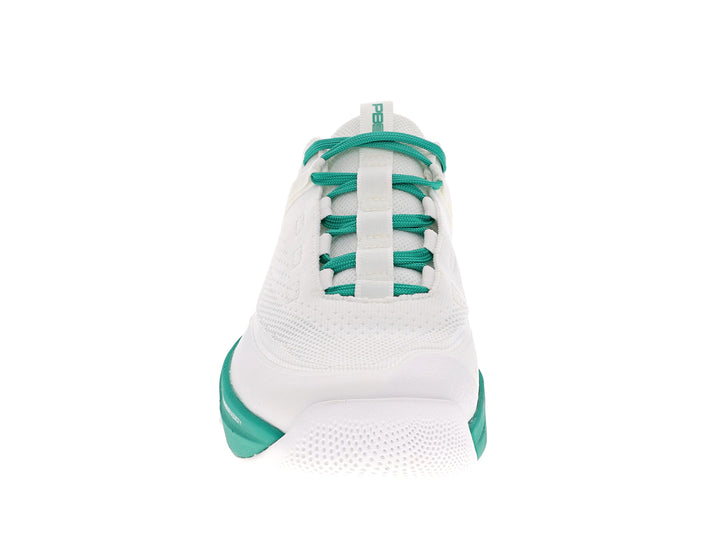 Front view of Men's PB5star Court2 sneaker in white and jade with breathable mesh upper for athletic performance.