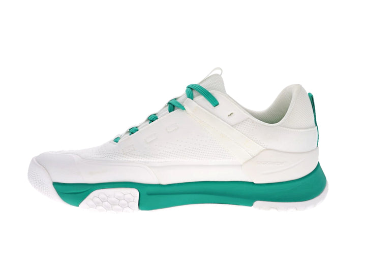Men's PB5star Court2 white and jade sneaker inside view featuring mesh side panel, cushioned heel, and stability midsole