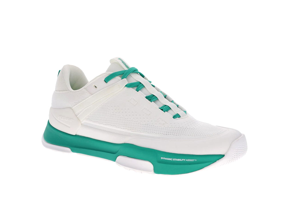 Men's PB5star Court2 white and jade sneaker angled view showing mesh upper, cushioned sole, and dynamic lacing design.