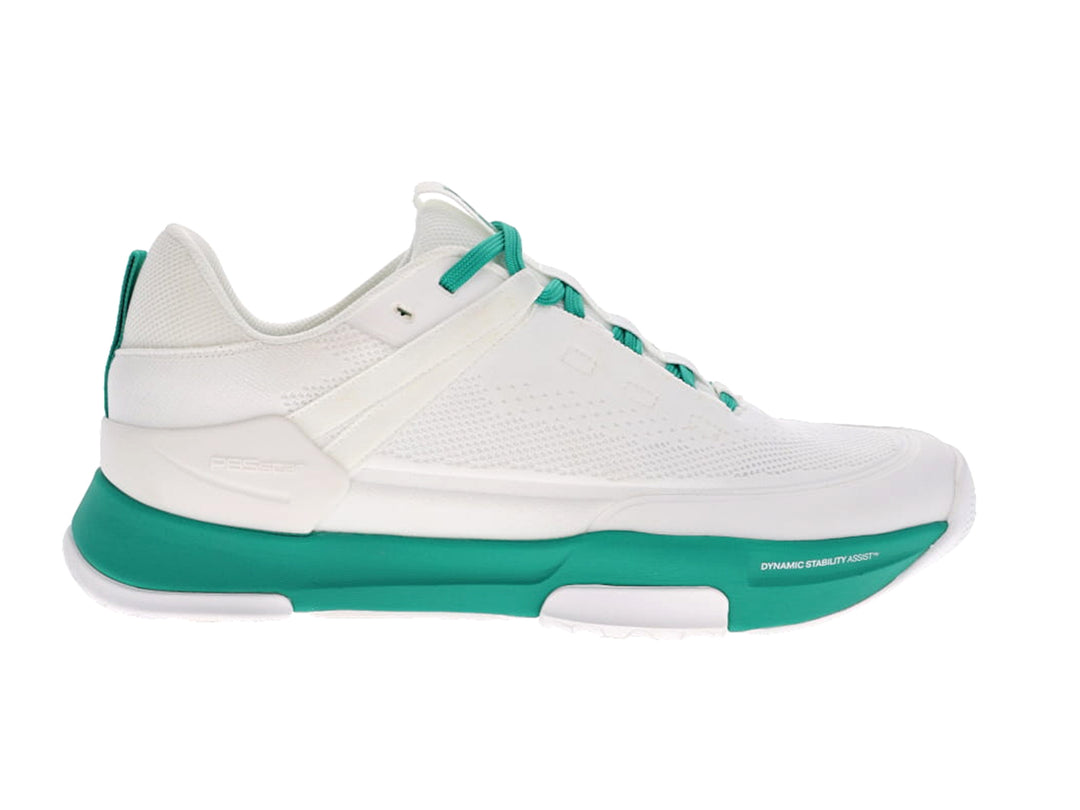 PB5star Court2 white and jade sneaker side view showing breathable mesh upper and dynamic stability sole.