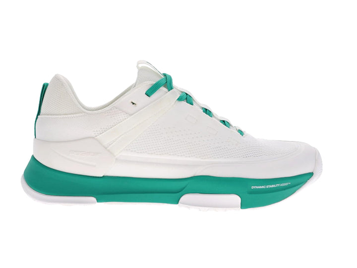 PB5star Court2 white and jade sneaker side view showing breathable mesh upper and dynamic stability sole.