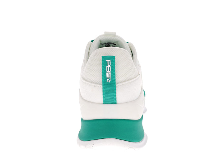 Rear view of Men's PB5star Court2 sneaker in white and jade with branded heel tab and cushioned midsole