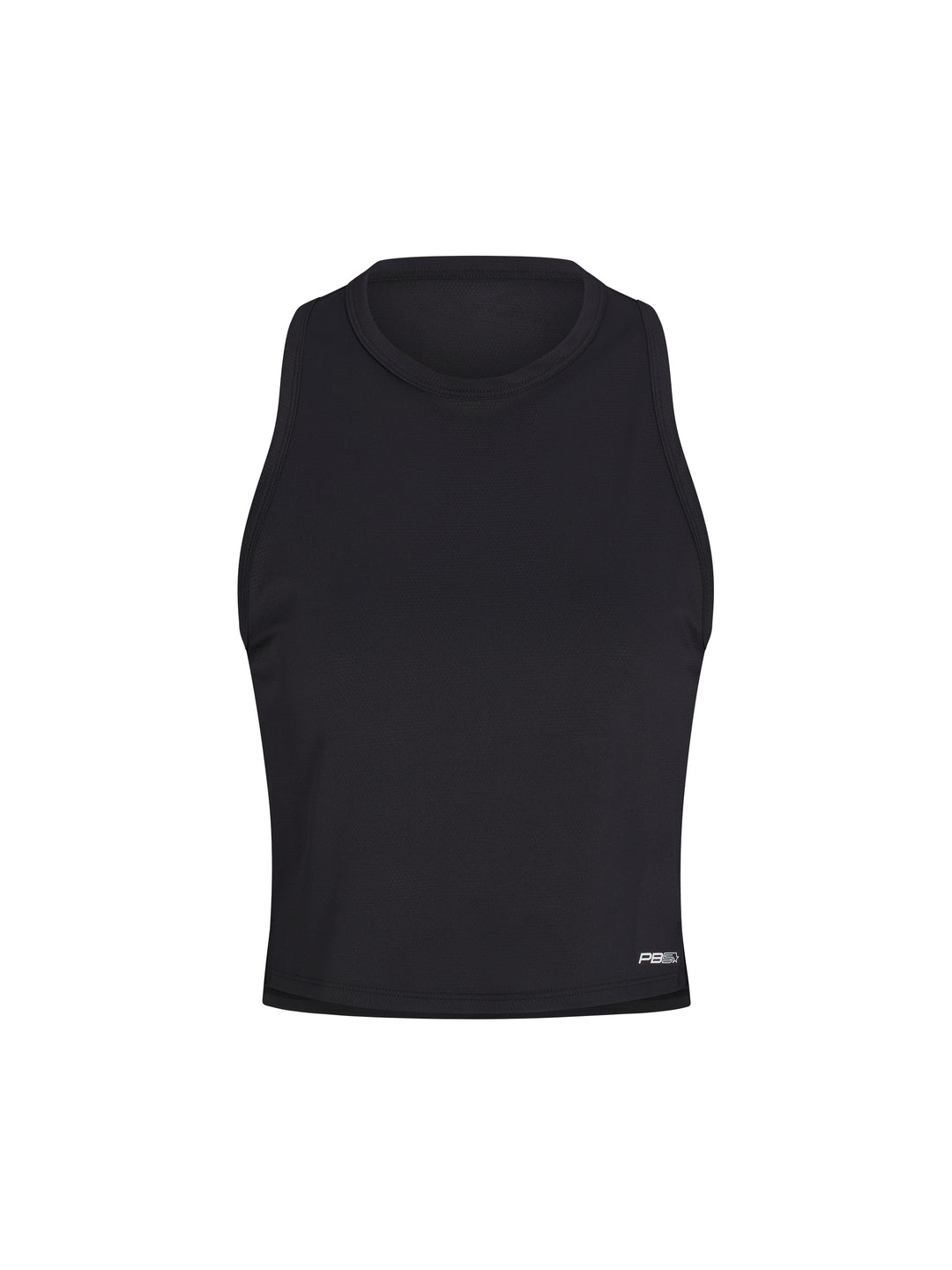 Women's Cropped Racer Back Tank front view in black with high neck line. Small logo on lower left side.