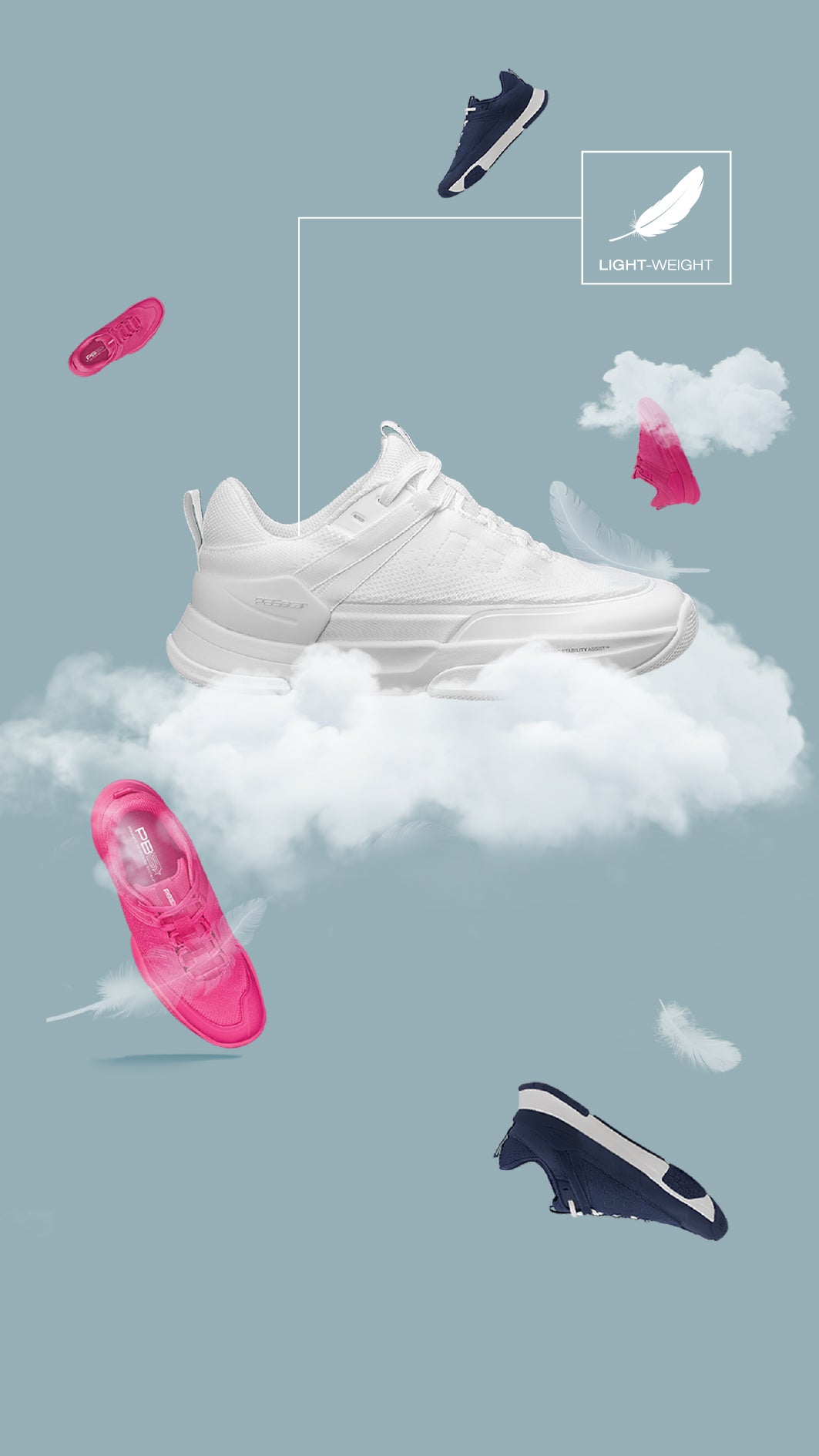 PB5 Court2 lightweight athletic shoes in white, pink, and astral blue floating on clouds, showcasing comfort and feather-light design.