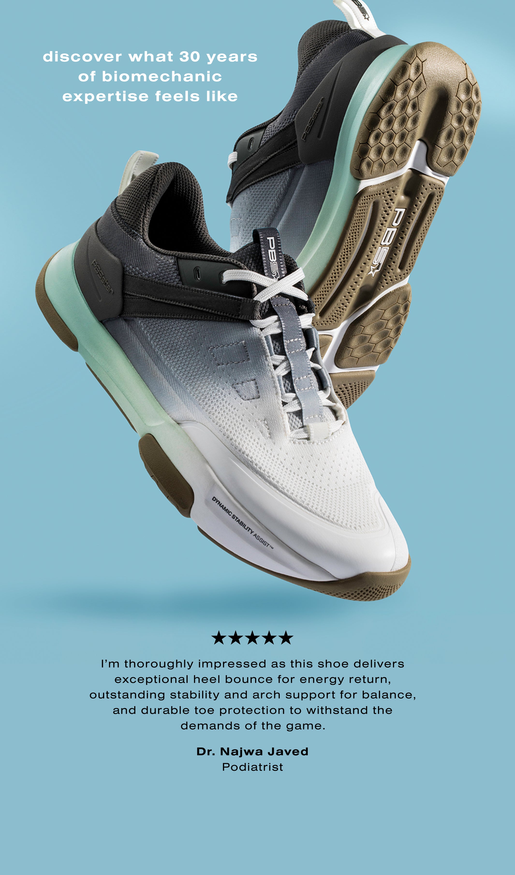 PB5star men's pickleball shoes in basil multi colorway with podiatrist testimonial and biomechanic expertise quote on blue background
