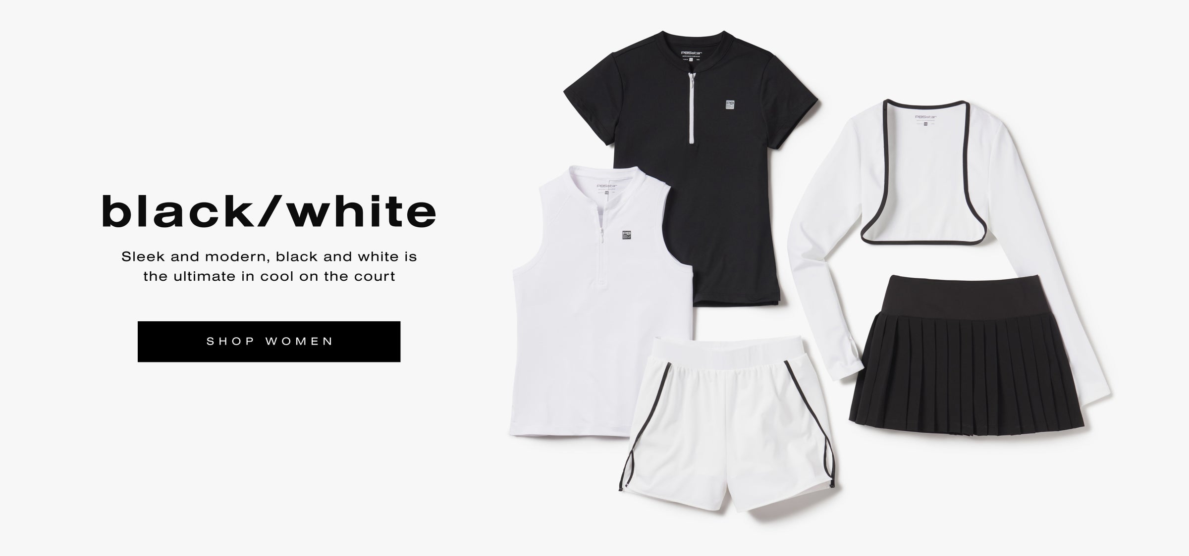Flat lay of black and white women's pickleball apparel including tops, skirt, shorts, and shrug with modern court style