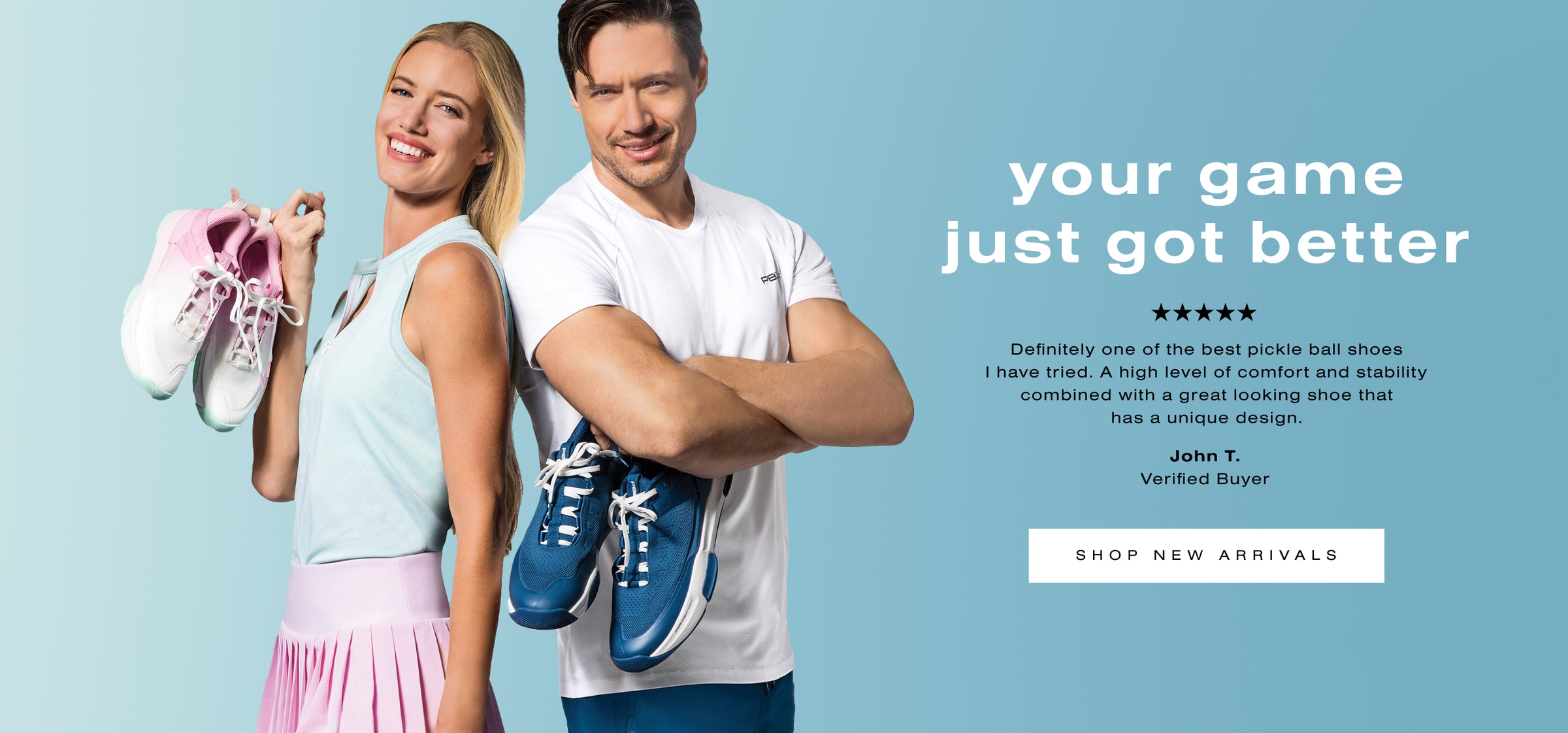 Smiling man and woman holding PB5star pickleball shoes in blue and pink with text promoting new arrivals