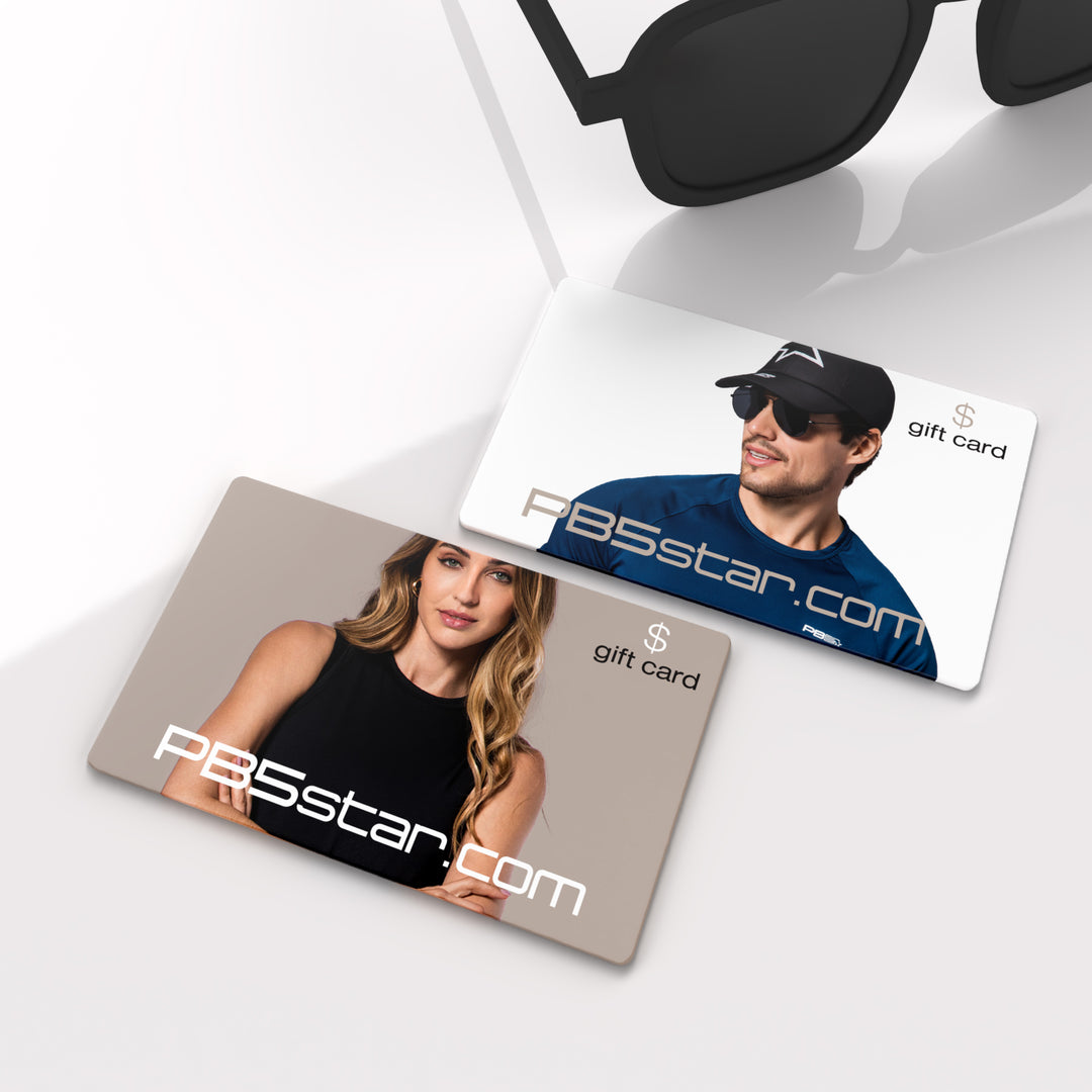 PB5star.com gift cards showcasing male and female models dressed in PB5star apparel with stylish sporty design.
