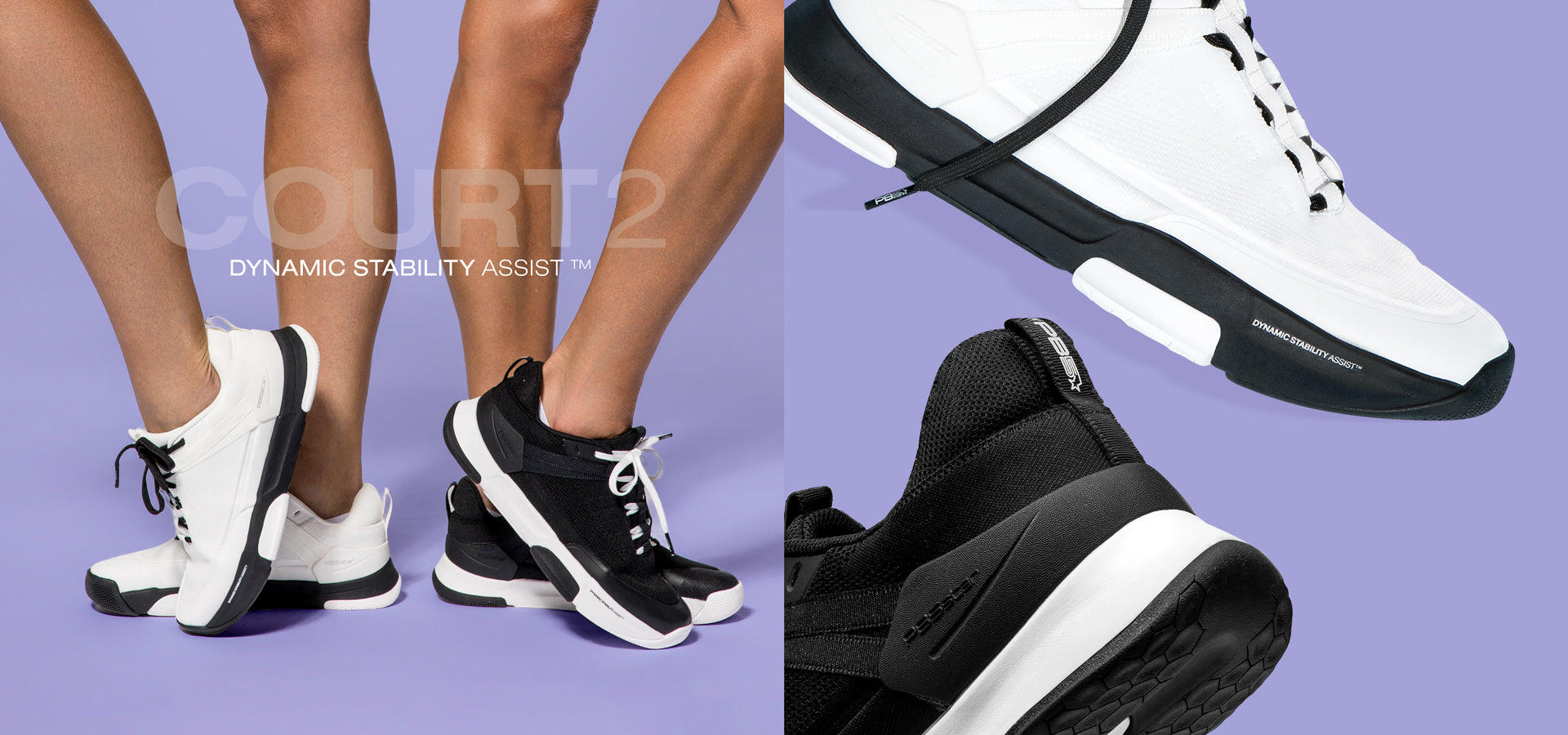 COURT2 Pickleball Shoes with Dynamic Stability Assist™ in black and white – stylish, stable, all-court footwear