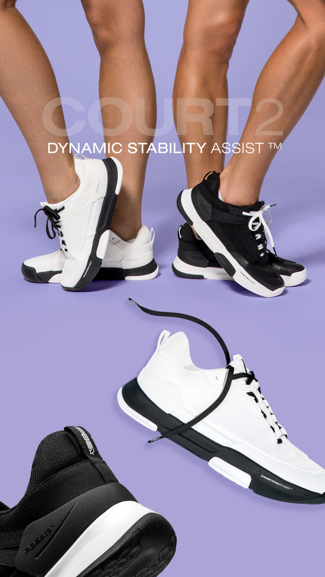 COURT2 Pickleball Shoes in black and white with Dynamic Stability Assist™ – high-performance footwear for all-court play