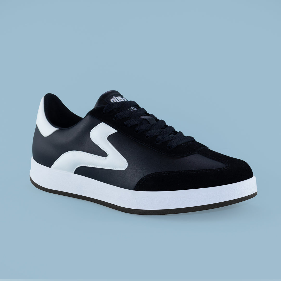 PB5star men’s Cosmic sneaker in black and white, isometric view showing logo detail, sole height, and materials.