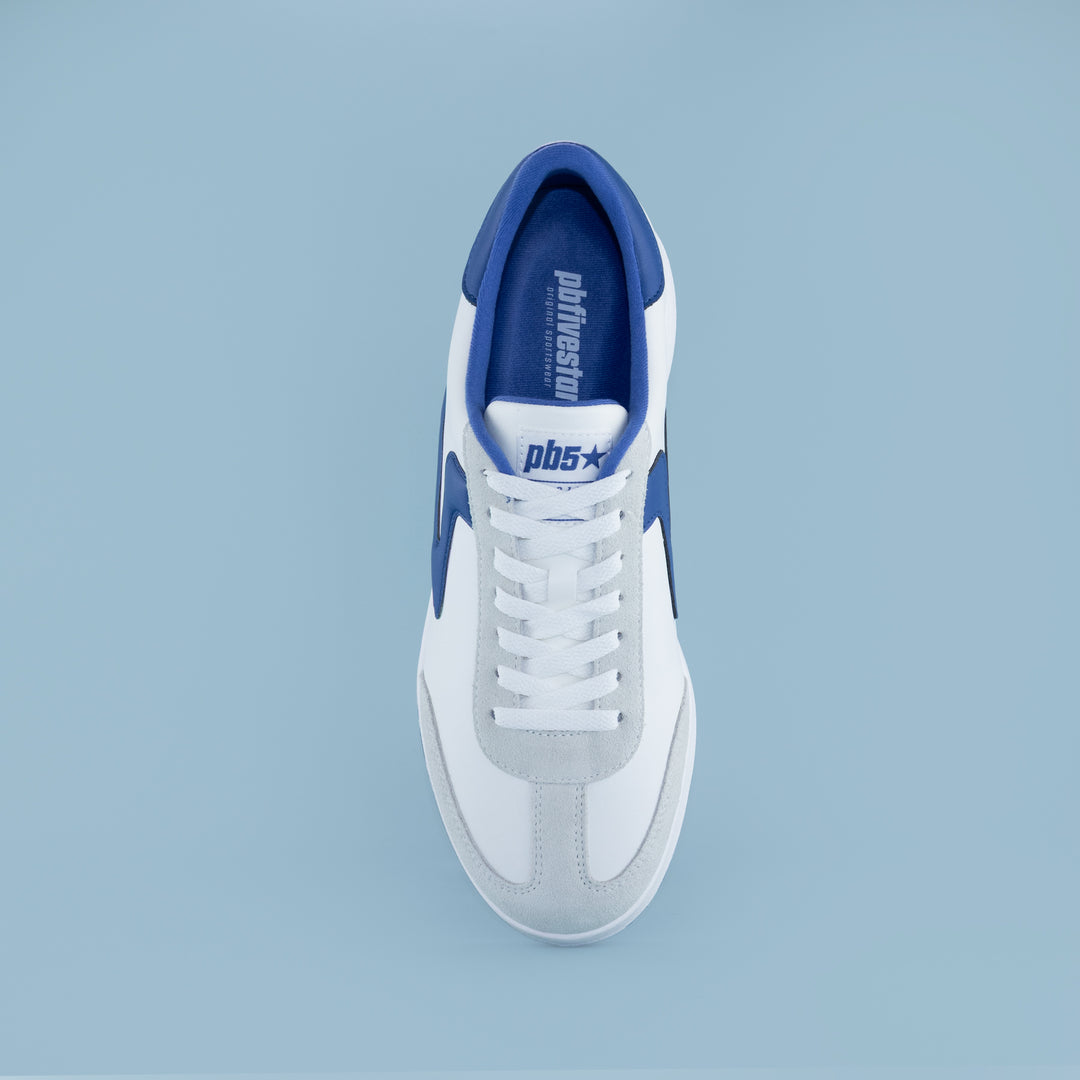 Top view of PB5star men’s Cosmic sneaker in white, blue, and grey — modern pickleball sneaker with athletic styling.