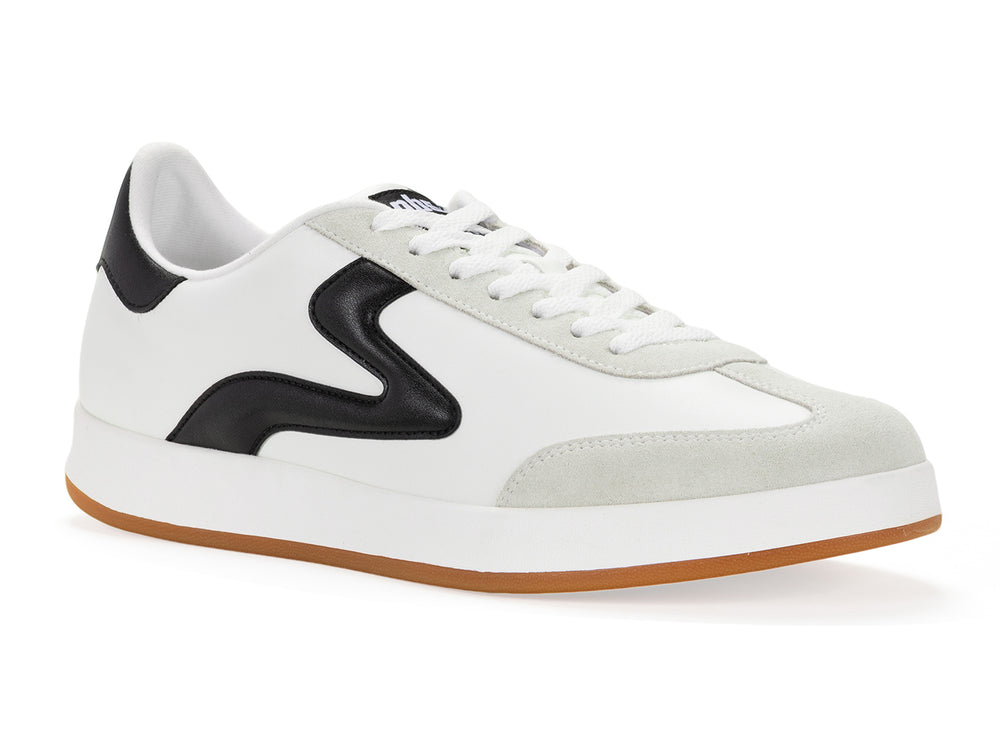 White and black low-top sneaker with gum sole shown in isometric side view