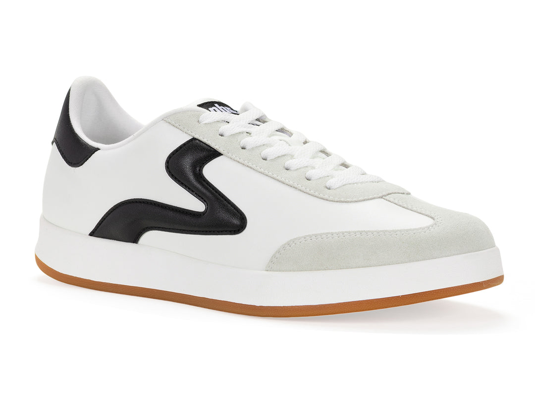 White and black low-top sneaker with gum sole shown in isometric side view