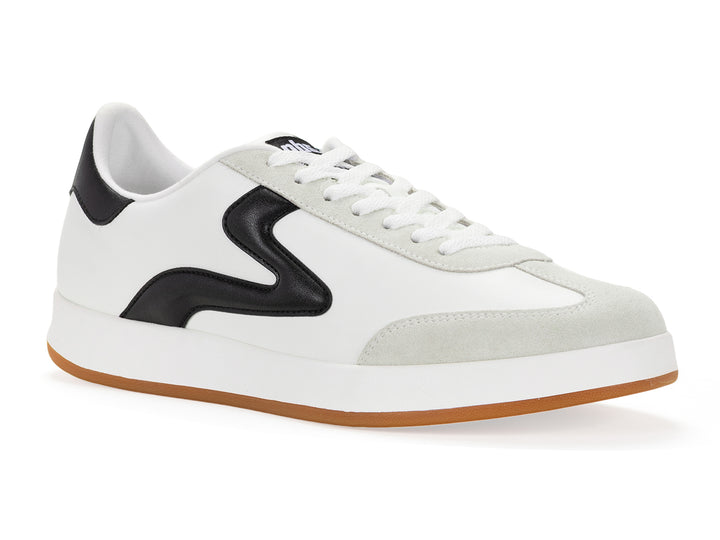 White and black low-top sneaker with gum sole shown in isometric side view