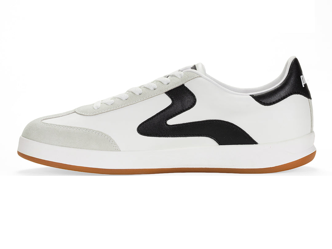 Medial side view of a white and black low-top sneaker with gum sole