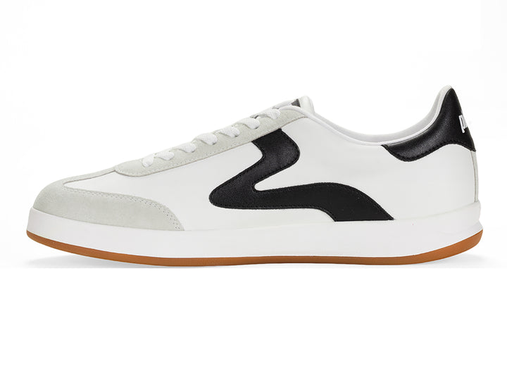 Medial side view of a white and black low-top sneaker with gum sole