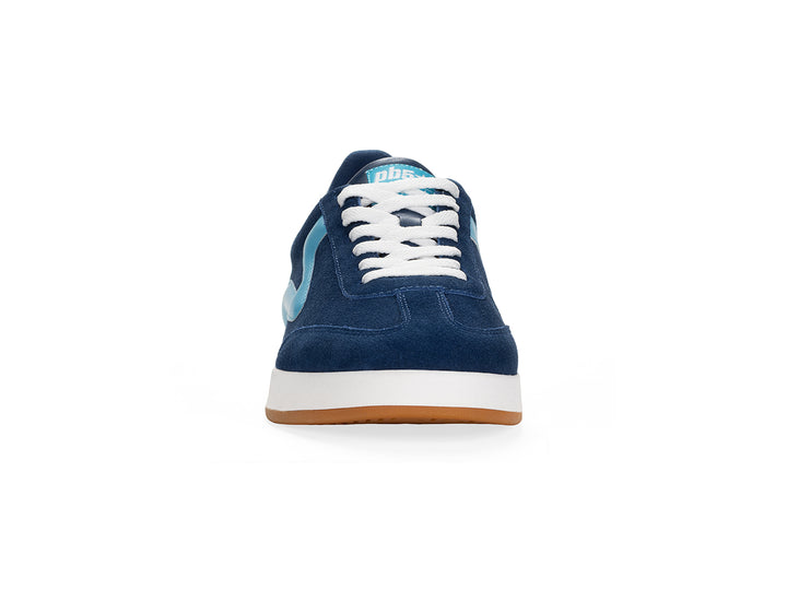 Front view of a navy and sky low-top sneaker with gum sole