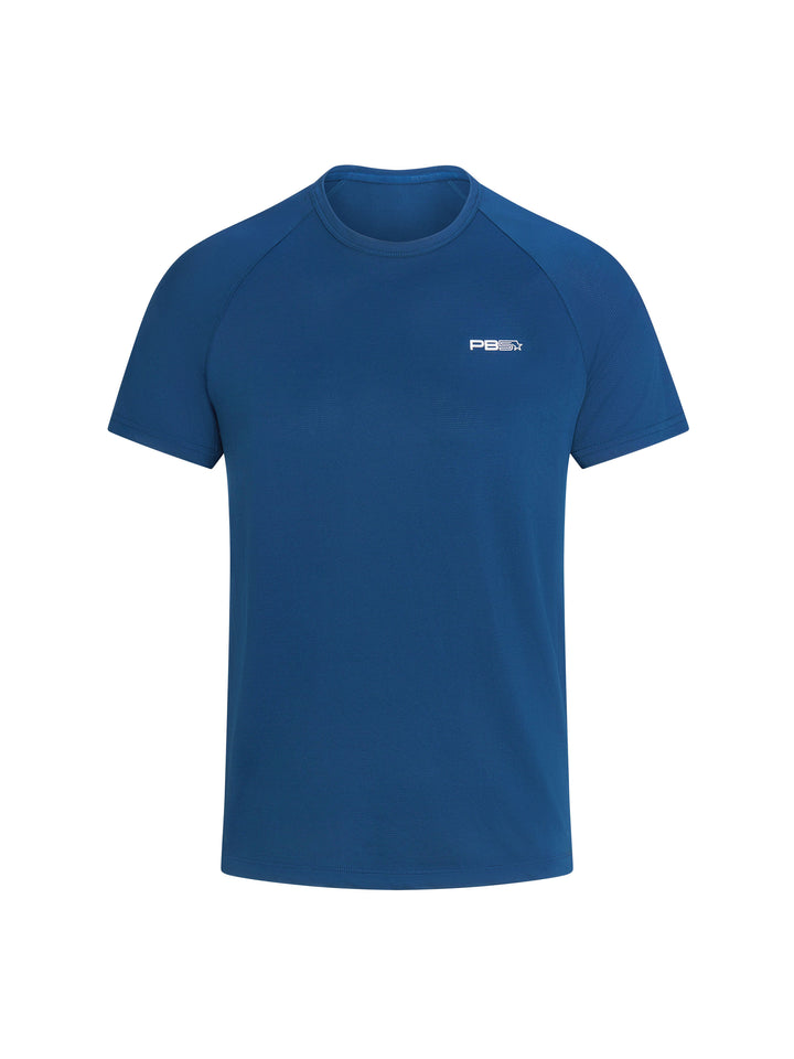 PB5star core performance tee in short sleeve, astral blue color. Small logo printed on front, upper left side of shirt.