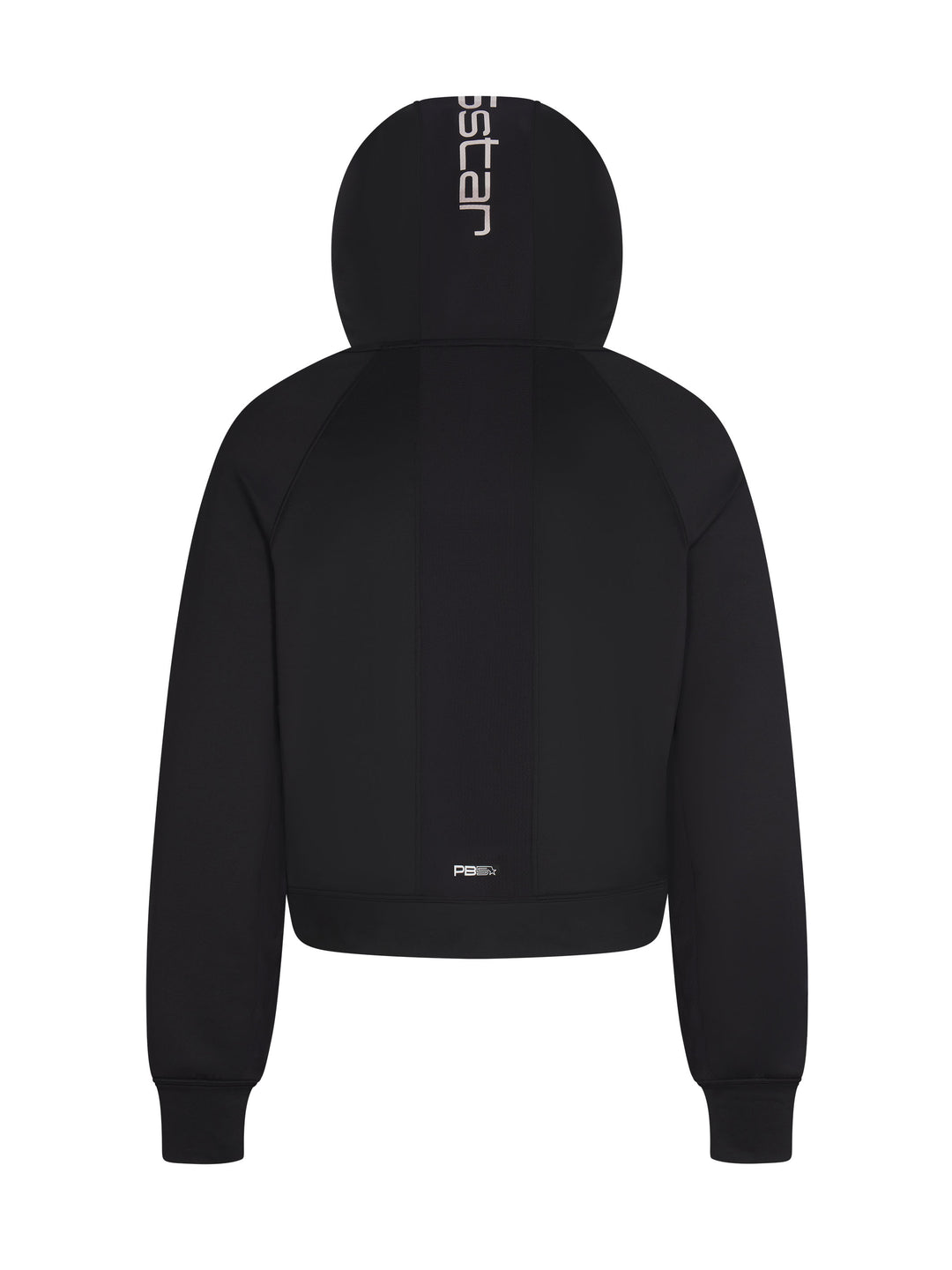 Performance Full Zip Hoodie back view in black. Logo centered down hood.