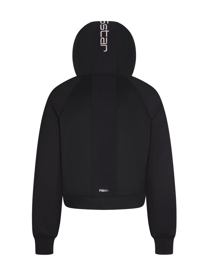 Performance Full Zip Hoodie back view in black. Logo centered down hood.