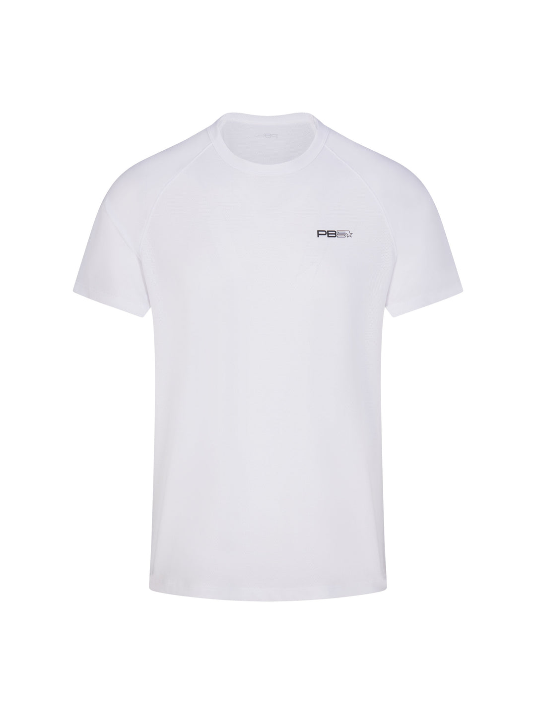 PB5star core performance tee in short sleeve, white color. Small logo printed on front, upper left side of shirt.