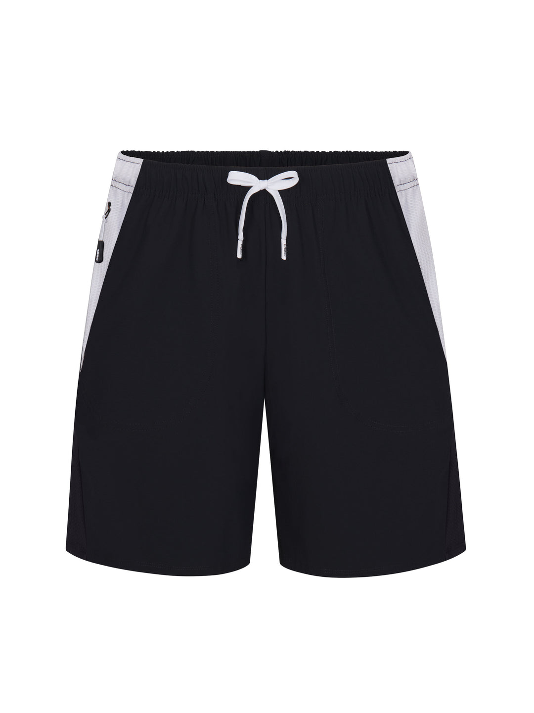 Men's Vented Court Short front view in black with white draw string.