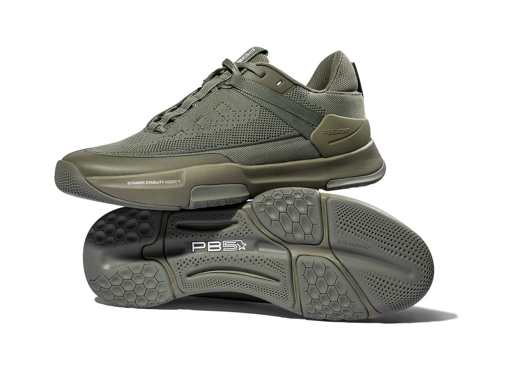 PB5star men's Court 2 pickleball shoes in seagrass, side and sole view on white background